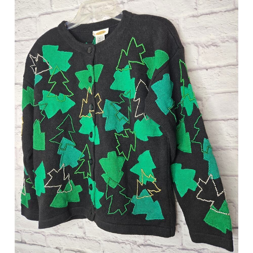 Talbots vintage beaded embroidered Christmas tree sweater cardigan medium. - Picture 2 of 8